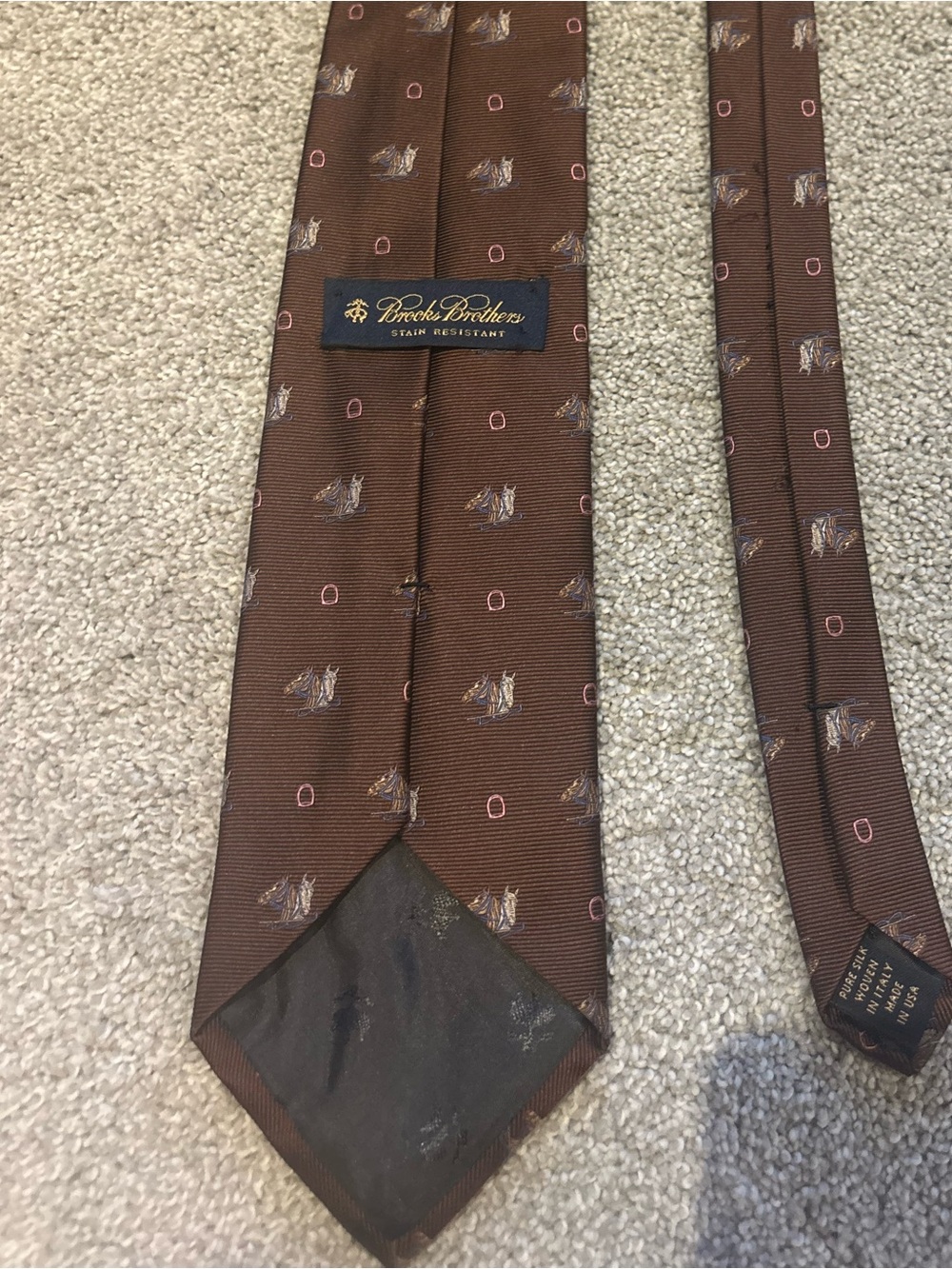 Brooks Brothers Brown Silk Tie with Pink Dot and Equestrian Motif